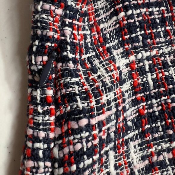 ZARA Tweed Plaid Top with Navy Sheer Chiffon Sleeves Size L - Picture 6 of 10